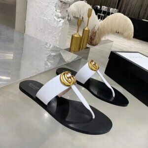 NEW Gucci Marmont GG Leather T Strap Thong Flat Sandals Shoes Cream Size 39